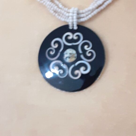 Handmade coconut shell necklace pendant seed beads 22" long beachy - Picture 1 of 3